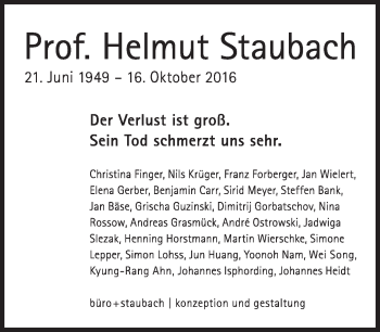 Traueranzeige von Helmut Staubach von Süddeutsche Zeitung