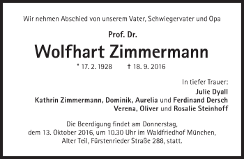Traueranzeige von Wolfhart Zimmermann von Süddeutsche Zeitung