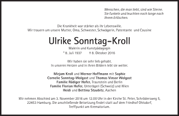 Traueranzeige von Ulrike Sonntag-Kroll von Süddeutsche Zeitung