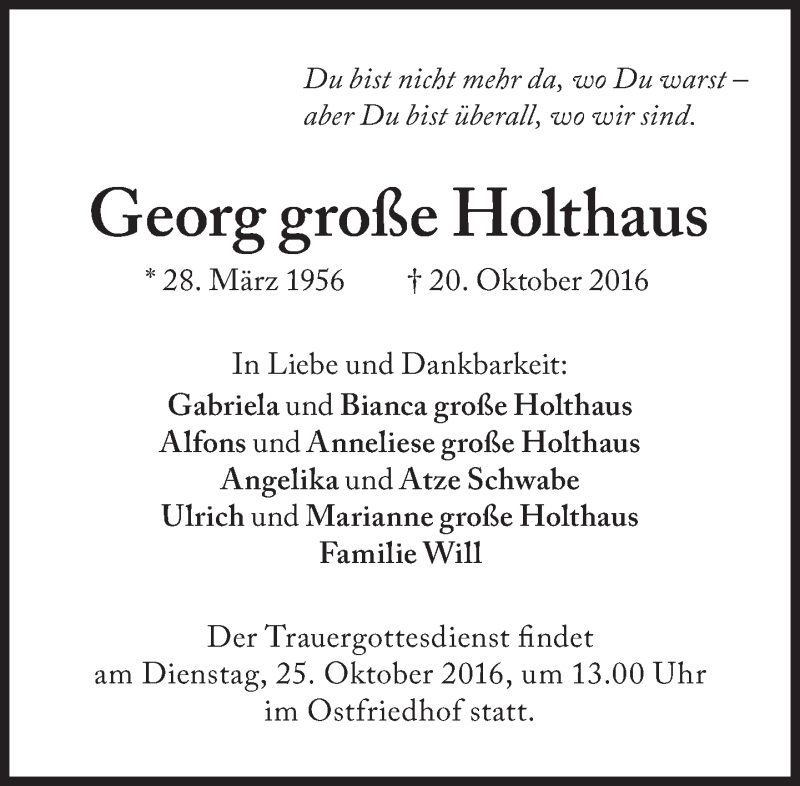  Traueranzeige für Georg große Holthaus vom 24.10.2016 aus Süddeutsche Zeitung