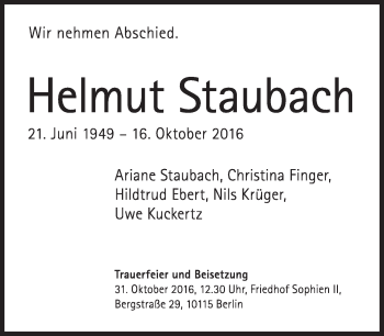 Traueranzeige von Helmut Staubach von Süddeutsche Zeitung