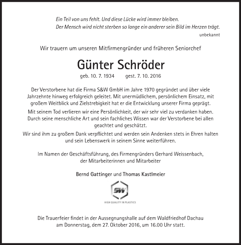  Traueranzeige für Günter Schröder vom 22.10.2016 aus Süddeutsche Zeitung