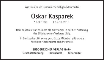 Traueranzeige von Oskar Kasparek von Süddeutsche Zeitung