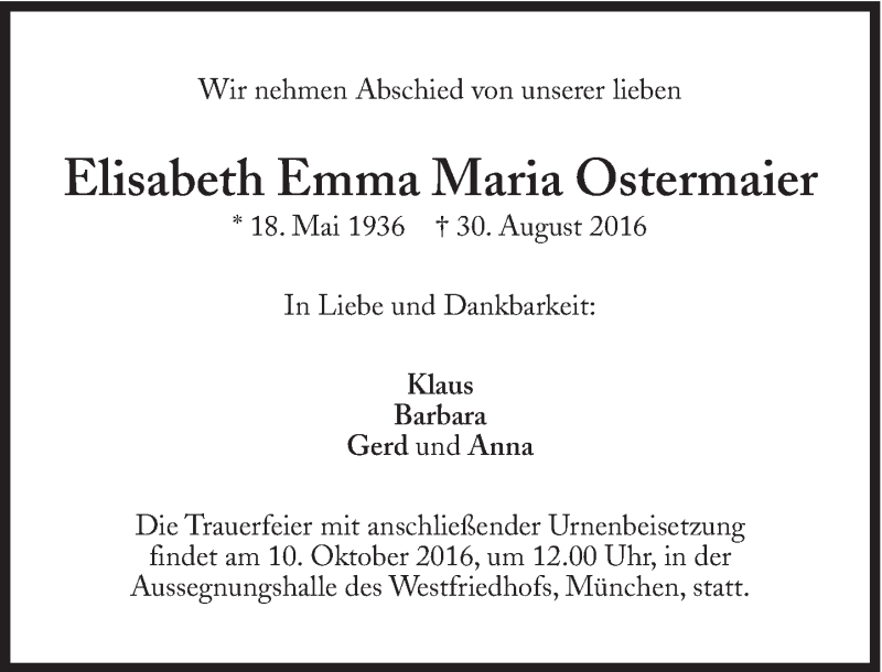  Traueranzeige für Elisabeth Emma Maria Ostermaier vom 06.10.2016 aus Süddeutsche Zeitung