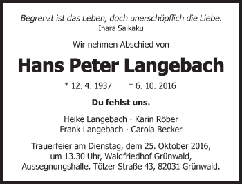 Traueranzeige von Hans Peter Langebach von Süddeutsche Zeitung