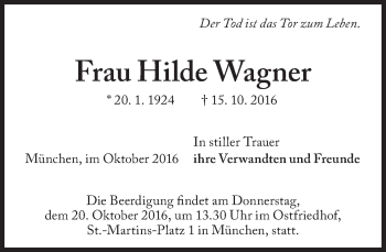 Traueranzeige von Hilde Wagner von Süddeutsche Zeitung