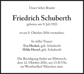 Traueranzeige von Friedrich Schuberth von Süddeutsche Zeitung