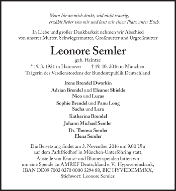 Traueranzeige von Leonore Semler von Süddeutsche Zeitung