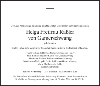 Traueranzeige von Helga  Freifrau Raßler von Gamerschwang von Süddeutsche Zeitung