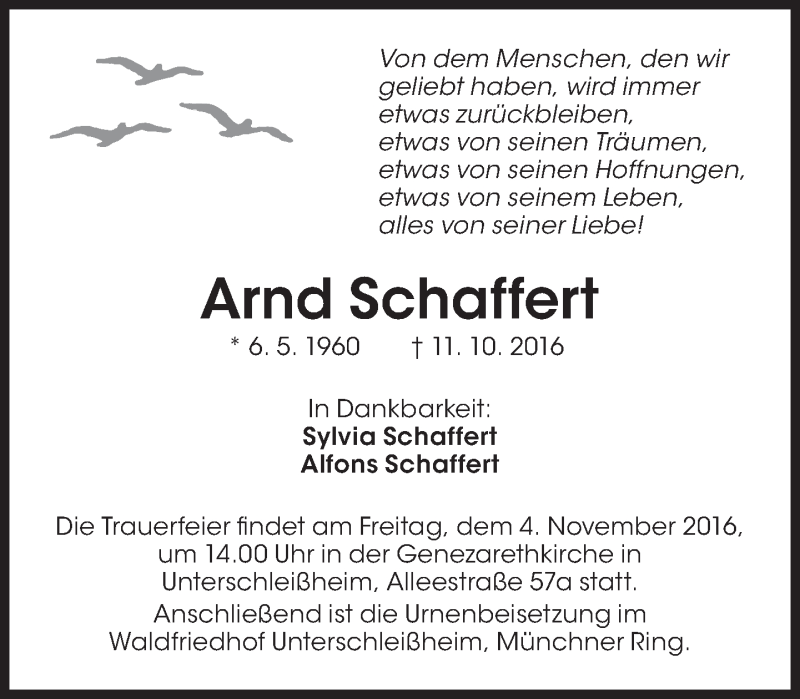  Traueranzeige für Arnd Schaffert vom 29.10.2016 aus Süddeutsche Zeitung