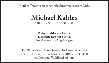 Traueranzeige von Michael Kahles von Süddeutsche Zeitung