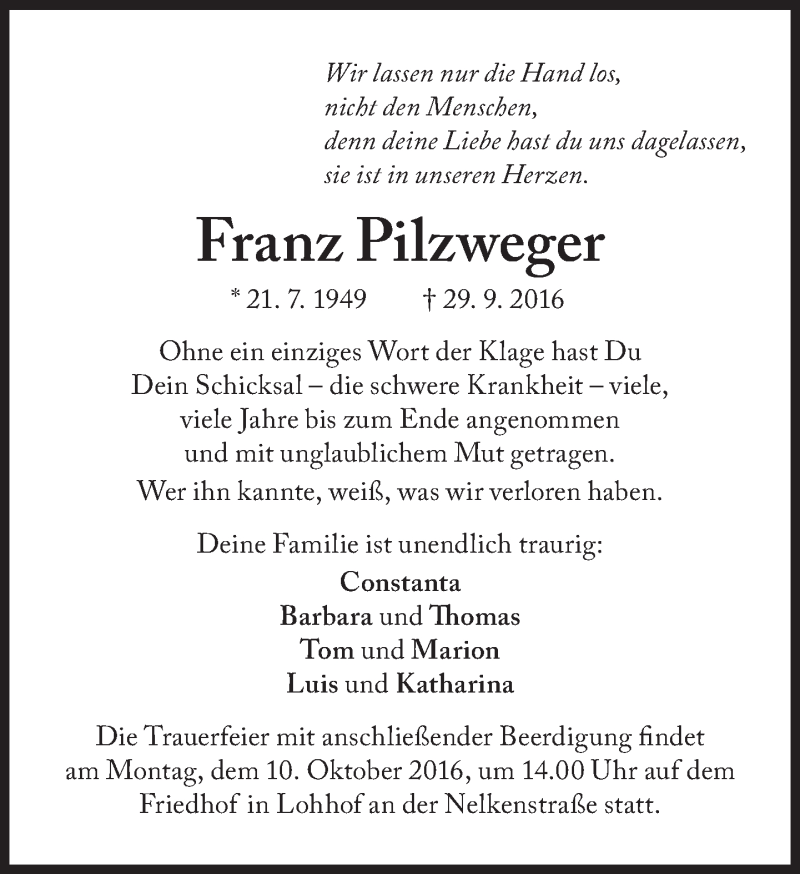  Traueranzeige für Franz Pilzweger vom 07.10.2016 aus Süddeutsche Zeitung