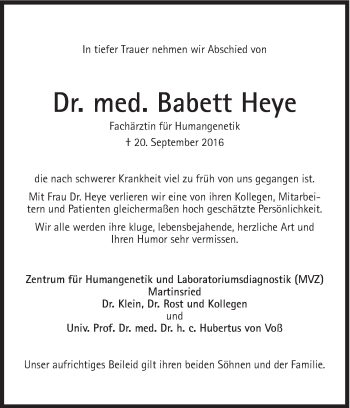 Traueranzeige von Babett Heye von Süddeutsche Zeitung