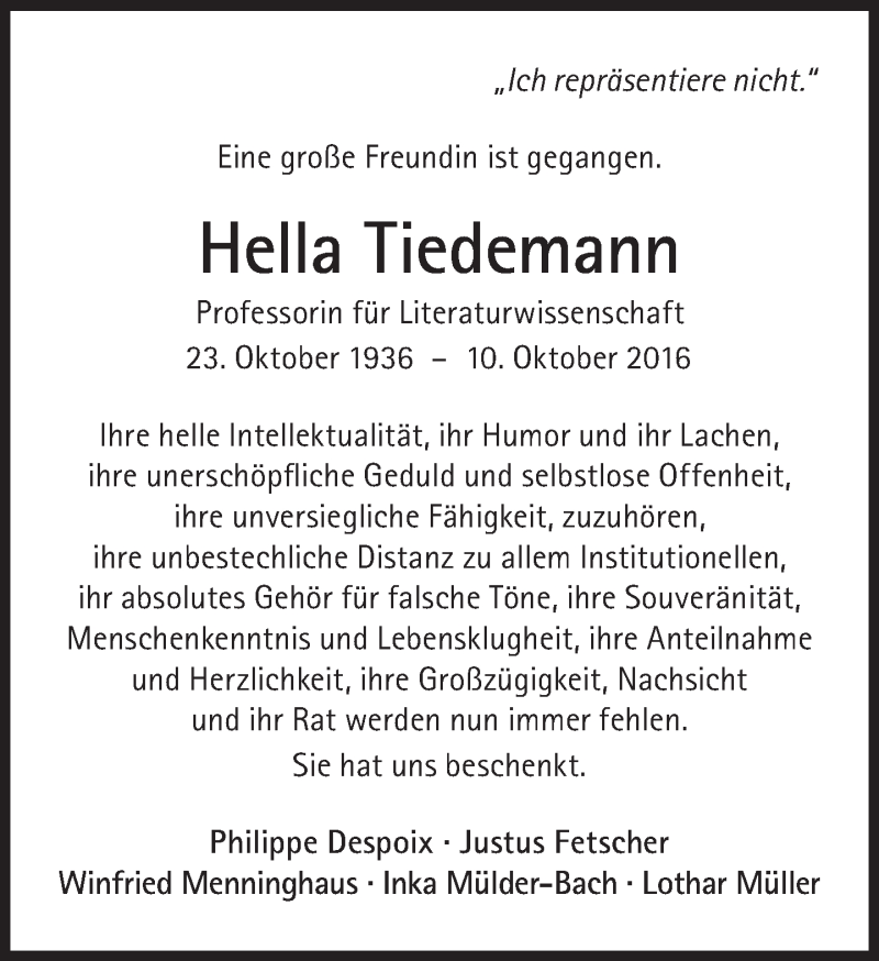  Traueranzeige für Hella Tiedemann vom 29.10.2016 aus Süddeutsche Zeitung