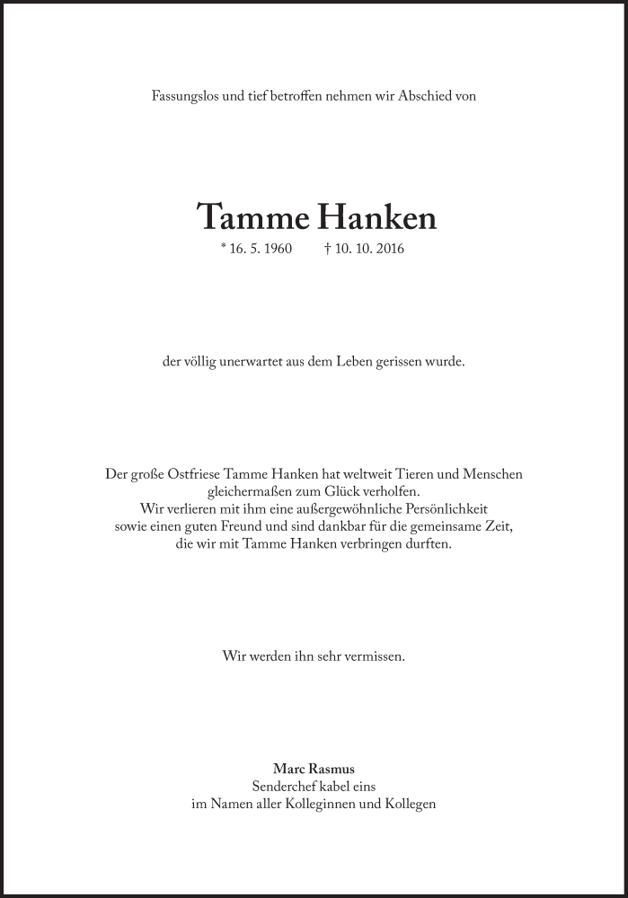  Traueranzeige für Tamme Hanken vom 15.10.2016 aus Süddeutsche Zeitung