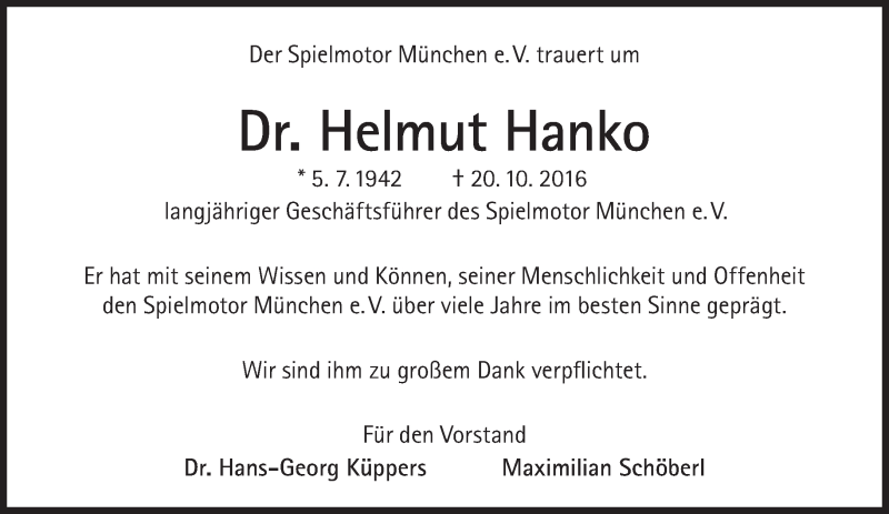  Traueranzeige für Helmut Hanko vom 22.10.2016 aus Süddeutsche Zeitung