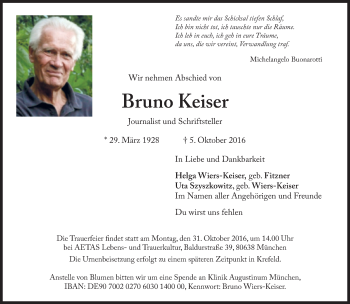 Traueranzeige von Bruno Keiser von Süddeutsche Zeitung