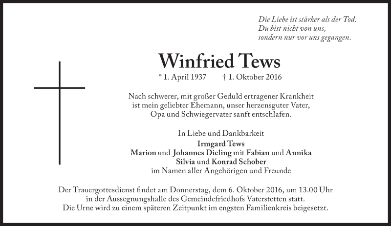 Traueranzeige für Winfried Tews vom 04.10.2016 aus Süddeutsche Zeitung