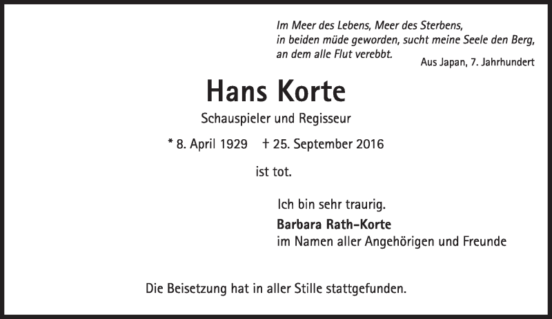  Traueranzeige für Hans Korte vom 05.10.2016 aus Süddeutsche Zeitung