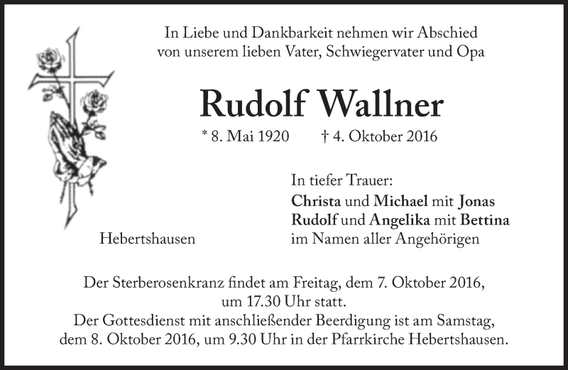  Traueranzeige für Rudolf Wallner vom 07.10.2016 aus Süddeutsche Zeitung