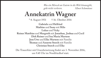 Traueranzeige von Annekatrin Wagner von Süddeutsche Zeitung