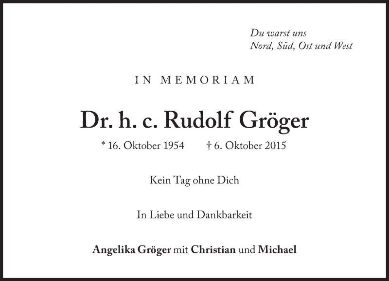  Traueranzeige für Rudolf Gröger vom 06.10.2016 aus Süddeutsche Zeitung