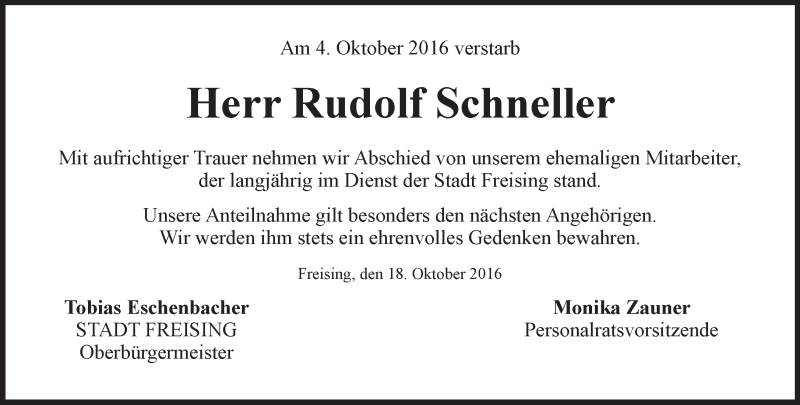  Traueranzeige für Rudolf Schneller vom 18.10.2016 aus Süddeutsche Zeitung