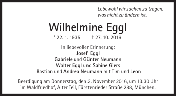 Traueranzeige von Wilhelmine Eggl von Süddeutsche Zeitung