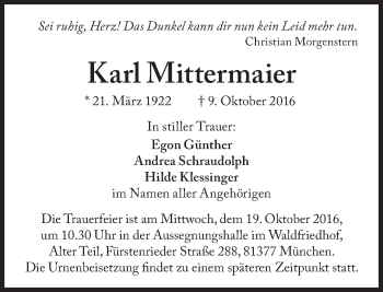 Traueranzeige von Karl Mittermaier von Süddeutsche Zeitung