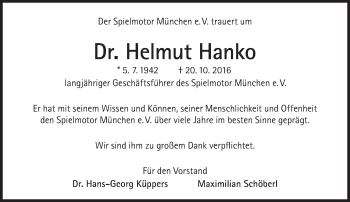 Traueranzeige von Helmut Hanko von Süddeutsche Zeitung