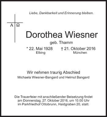 Traueranzeige von Dorothea Wiesner von Süddeutsche Zeitung
