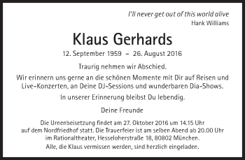 Traueranzeige von Klaus Gerhards von Süddeutsche Zeitung