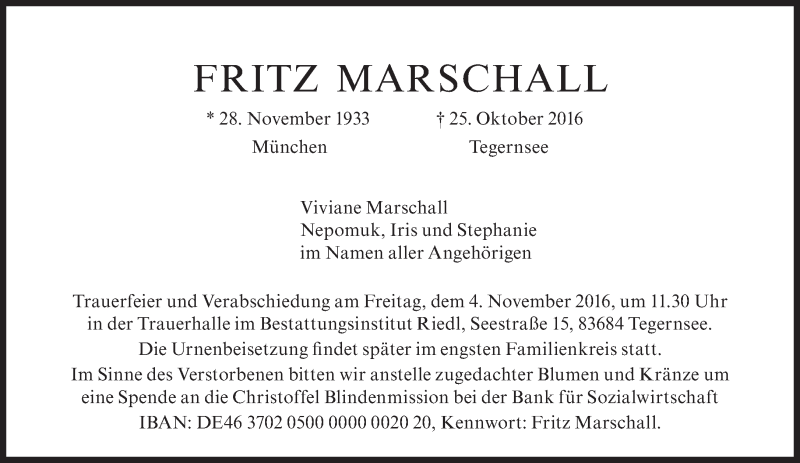  Traueranzeige für Fritz Marschall vom 29.10.2016 aus Süddeutsche Zeitung