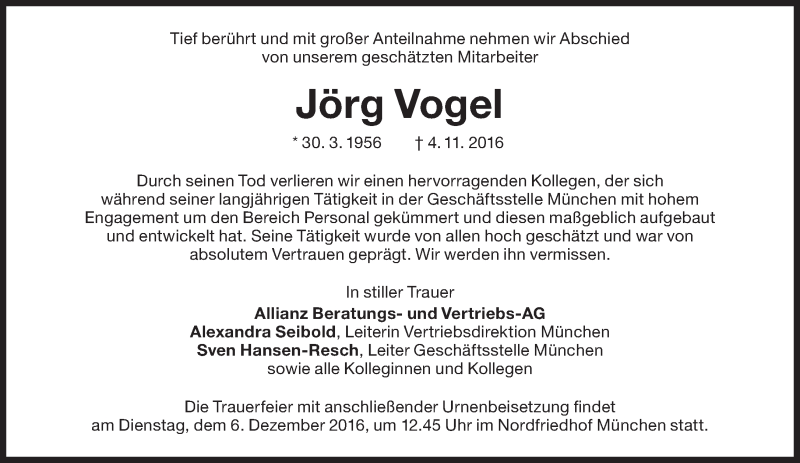  Traueranzeige für Jörg Vogel vom 19.11.2016 aus Süddeutsche Zeitung