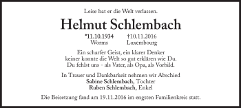 Traueranzeige von Helmut Schlembach von Süddeutsche Zeitung