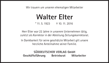Traueranzeige von Walter Elter von Süddeutsche Zeitung