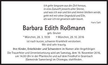Traueranzeige von Barbara Edith Roßmann von Süddeutsche Zeitung