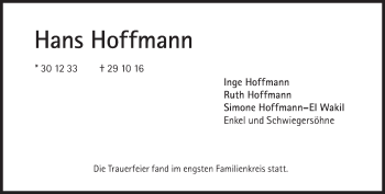 Traueranzeige von Hans Hoffmann von Süddeutsche Zeitung