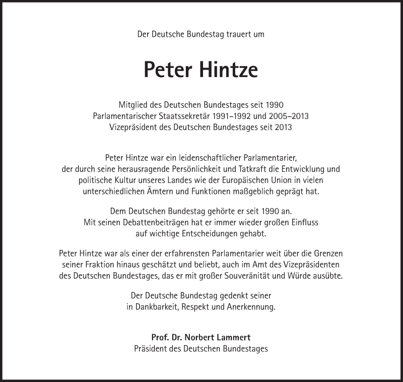  Traueranzeige für Peter Hintze vom 30.11.2016 aus Süddeutsche Zeitung