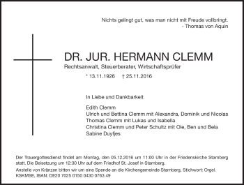 Traueranzeige von Hermann Clemm von Süddeutsche Zeitung