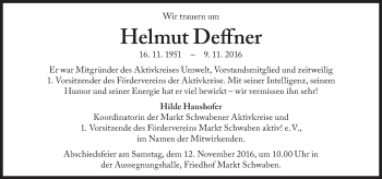 Traueranzeige von Helmut Deffner von Süddeutsche Zeitung