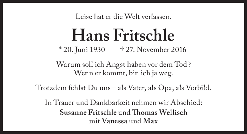  Traueranzeige für Hans Fritschle vom 30.11.2016 aus Süddeutsche Zeitung