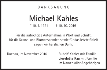 Traueranzeige von Michael Kahles von Süddeutsche Zeitung