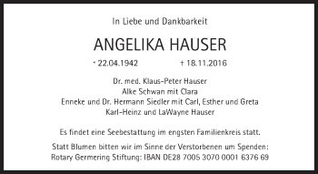 Traueranzeige von Angelika Hauser von Süddeutsche Zeitung