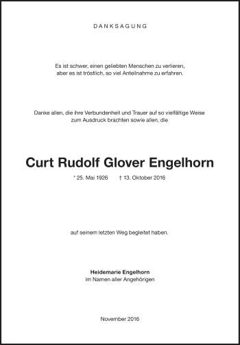 Traueranzeige von Curt Rudolf Glover Engelhorn von Süddeutsche Zeitung