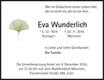 Traueranzeige von Eva Wunderlich von Süddeutsche Zeitung