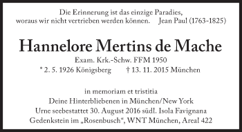 Traueranzeige von Hannelore Mertins de Mache von Süddeutsche Zeitung
