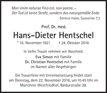Traueranzeige von Hans-Dieter Hentschel von Süddeutsche Zeitung