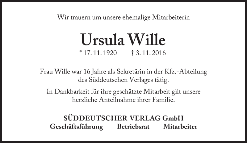  Traueranzeige für Ursula Wille vom 09.11.2016 aus Süddeutsche Zeitung