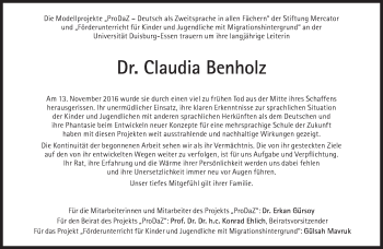 Traueranzeige von Claudia Benholz von Süddeutsche Zeitung